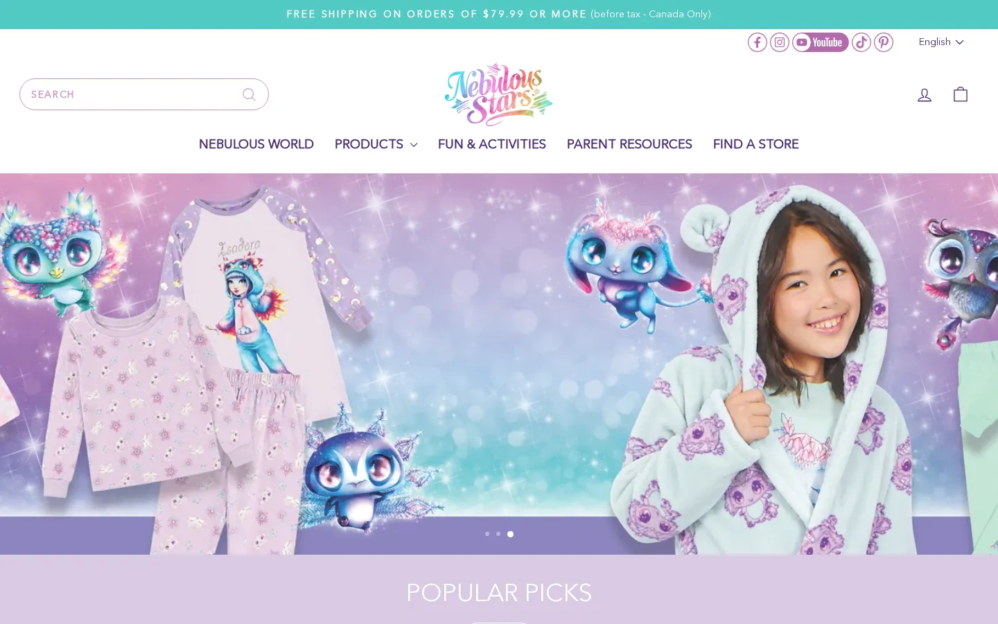 Homepage of a kids' brand store selling books, crafts, stationery, and toys on Shopify, desktop view