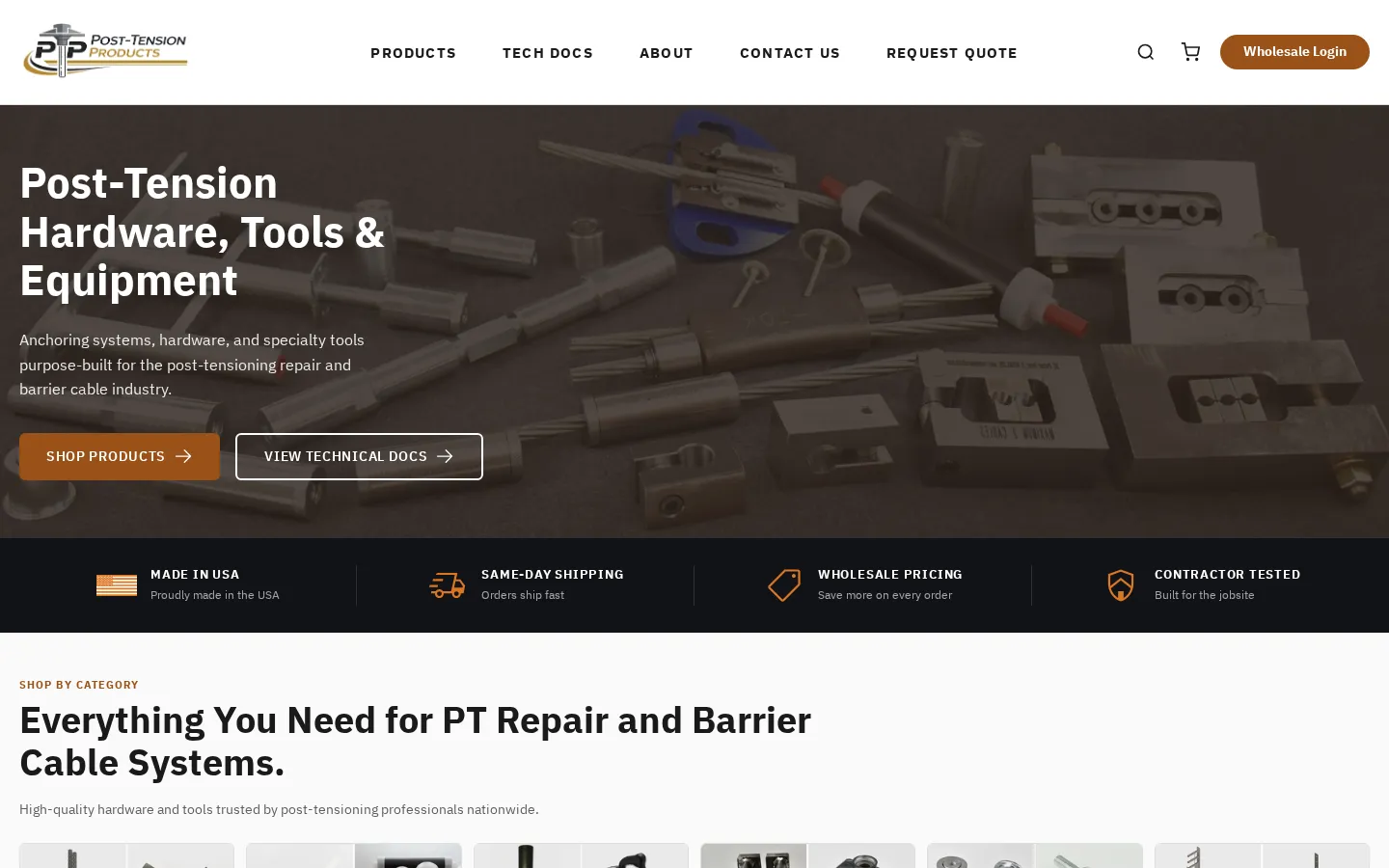 Homepage of a post-tensioning construction hardware store on Shopify, desktop view