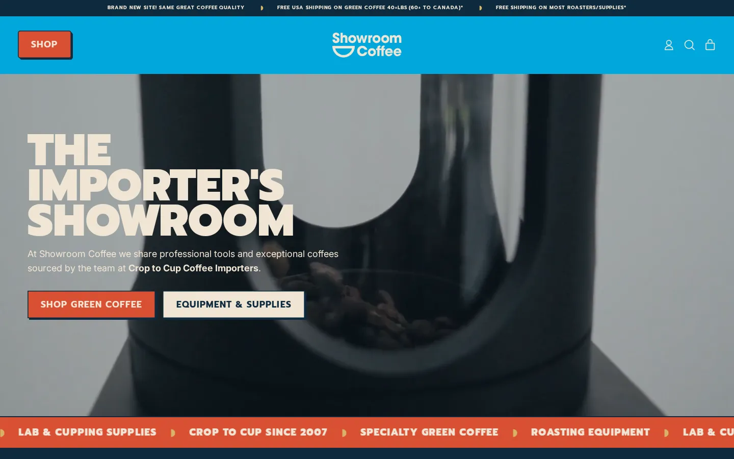 Homepage of a specialty green coffee and roasting equipment store on Shopify, desktop view