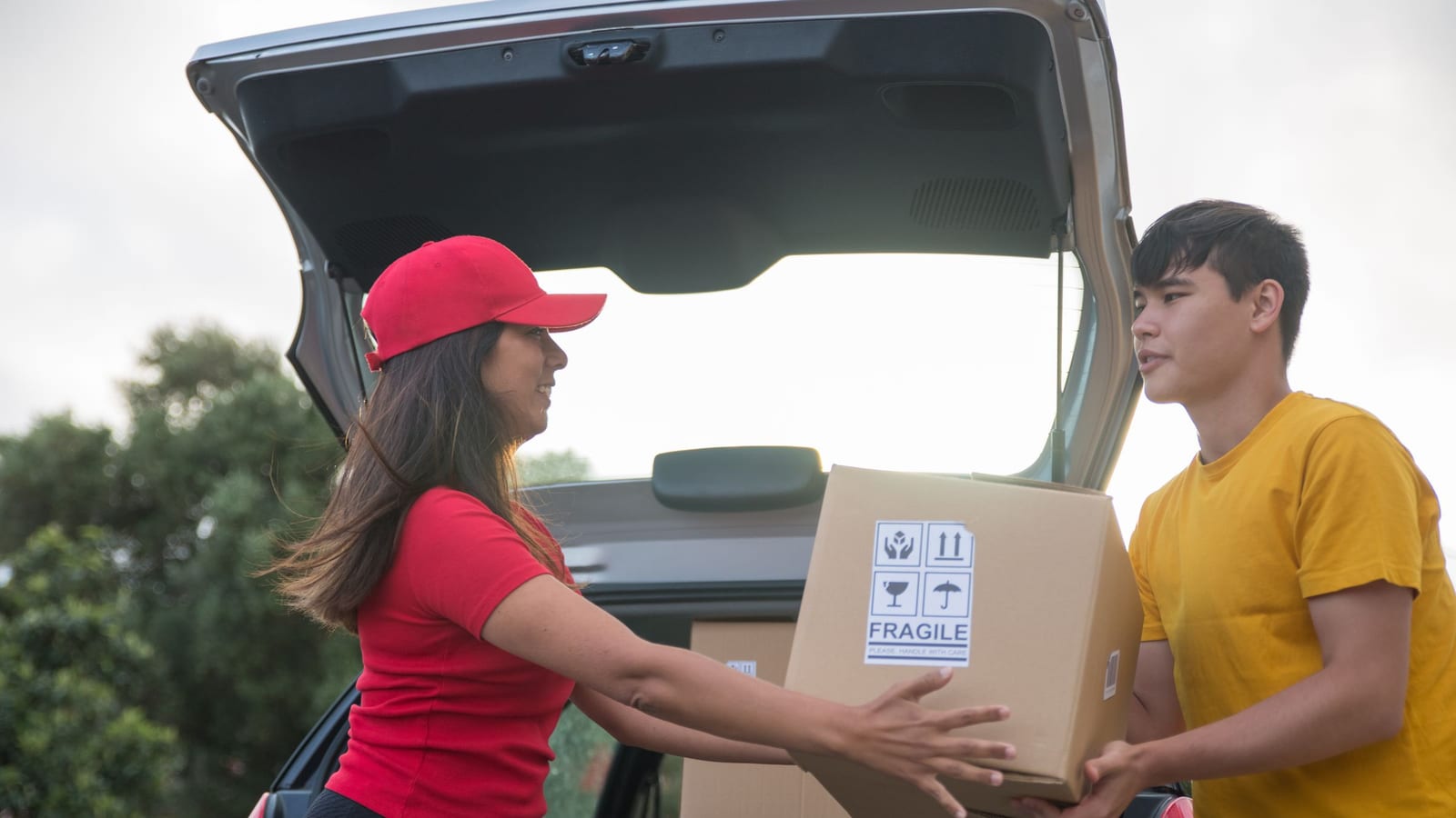A courier handing a parcel to a customer at a car