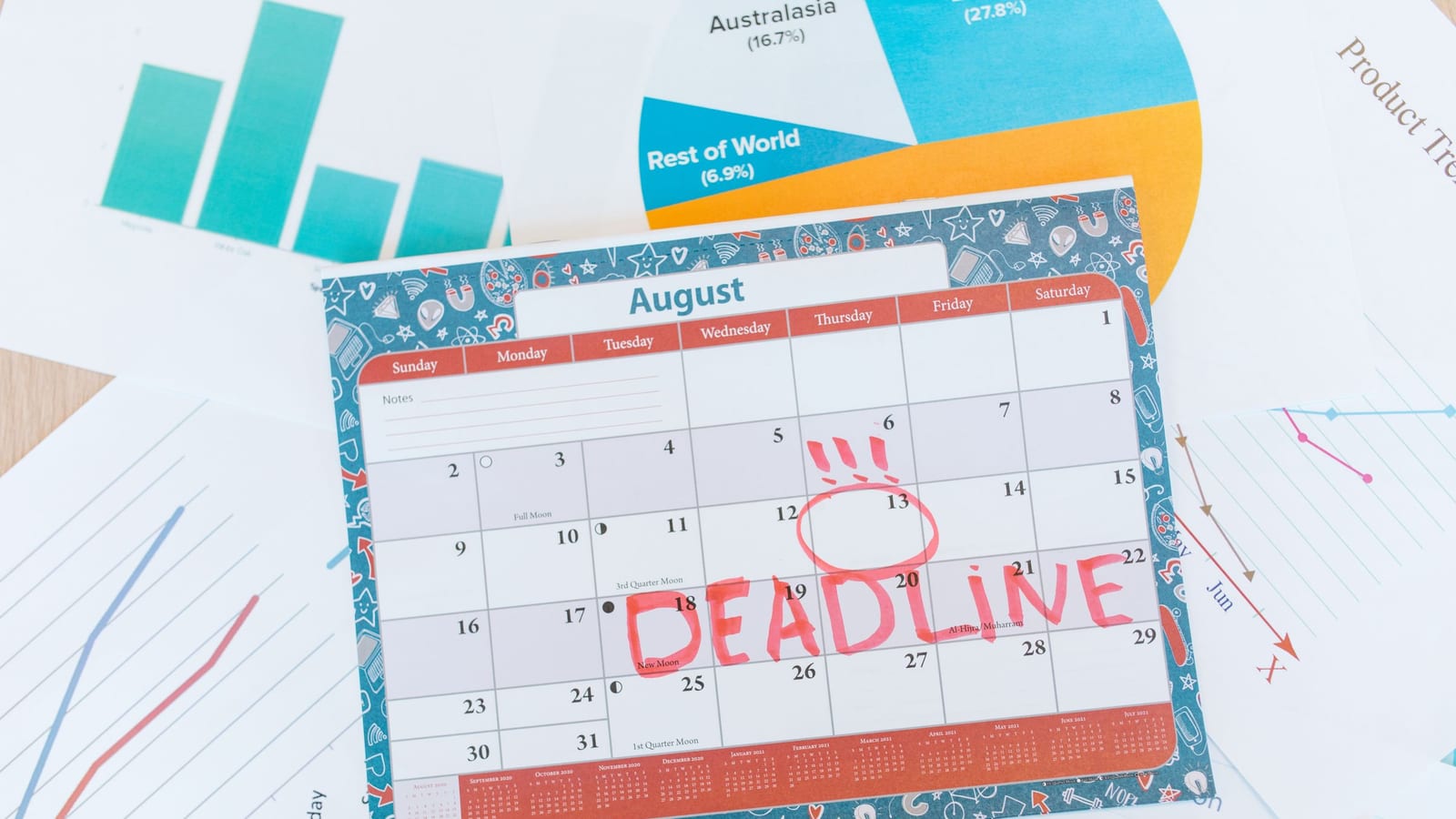 A desk calendar with a deadline circled in red